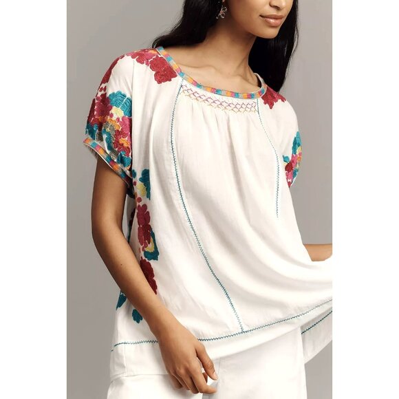 By Anthropologie Short-Sleeve Embroidered Tunic Top M - Picture 2 of 4